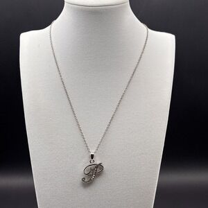 Vintage Initial P Pendant Necklace Clear Rhinestone Script Silver Tone Chain